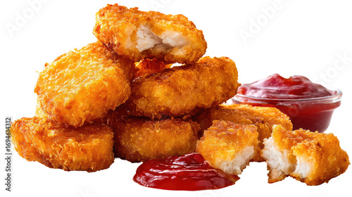 Set of golden brown chicken nuggets breaded battered deep fried on transparent background