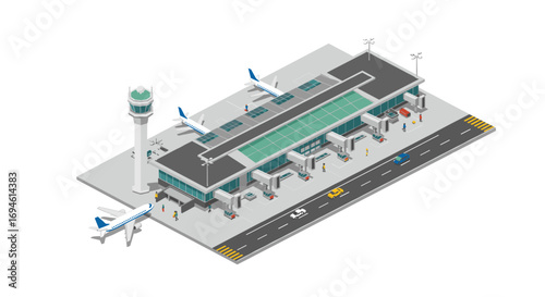 Modern isometric airport terminal with airplanes and control tower scene