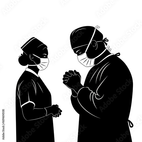 Inspiration & Duty: This monochrome illustration portrays two healthcare heroes, cloaked in scrubs and masks, in a moment of prayer before a critical mission, exuding trust and reliance.