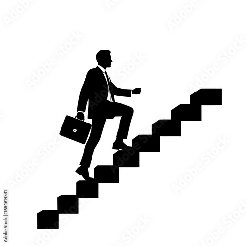Steps to Success: A silhouette of a determined businessman ascending a staircase, briefcase in hand, symbolizing ambition, progress, and the relentless pursuit of goals. 