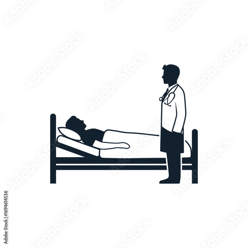 Medical Consultation: A doctor, stethoscope in hand, stands beside a patient resting in a hospital bed, creating a sense of care and medical attention.
