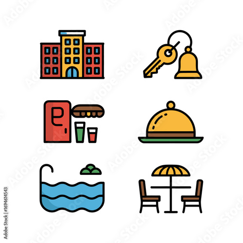 A collection of six colorful icons representing hotel and hospitality services like accommodation, dining, and leisure.