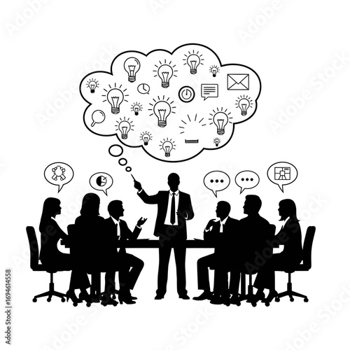 Brainstorming Business Conference: Illustrative silhouette of a brainstorming session, where a speaker presents innovative ideas during a business conference. The focus is on strategic thinking.