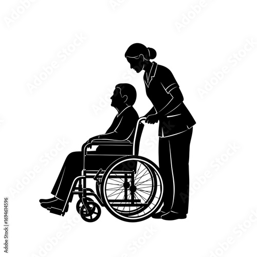 Compassionate Assistance: A healthcare professional gently assists a person in a wheelchair. conveying care and support, within a serene and caring environment.