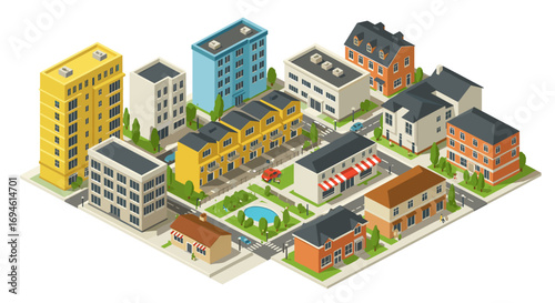 Charming isometric city block with apartments, houses, and shops