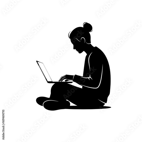 Woman with Laptop: A minimalist silhouette portrays a woman engrossed in her laptop, seated comfortably. It is an illustration of modern technology.