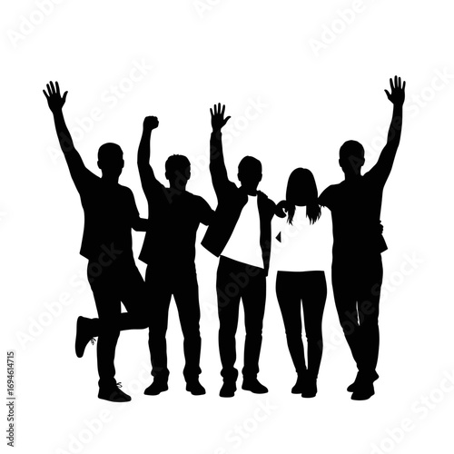 Celebration Silhouette: A group of friends celebrates with raised arms in a dynamic silhouette, filled with anticipation of success and excitement.