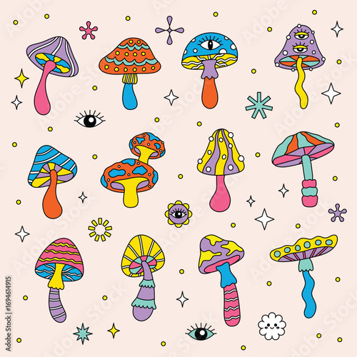  Vibrant Hand-Drawn Mushroom Icons in Hippie Psychedelic Style With Abstract Eyes, Stars, and Groovy Decorative Elements