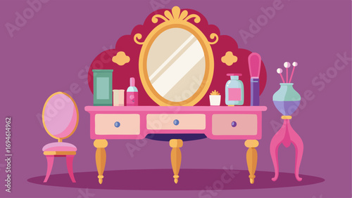 A gl vanity table with a trifold mirror adorned with antique perfume bottles and a crystal jar of makeup brushes.