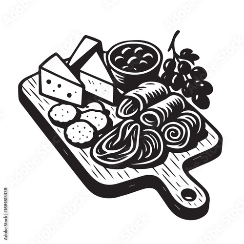 hand drawn vector illustration of charcuterie board with cheese, appetizer, ham, olives, restaurant, tapas, spanish food vector on white background