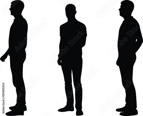 Three Standing Men Silhouettes in Formal Attire on White Background, Illustration