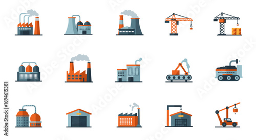 Industrial icon set featuring factory, construction, and logistic elements in flat style