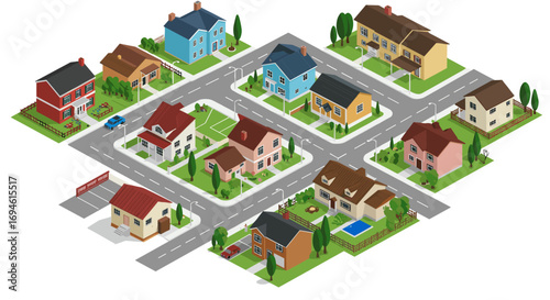 Cozy residential neighborhood in isometric style with colorful houses and streets