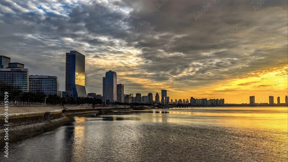 Fototapeta premium Modern City Skyline Reflected in Calm Waters During Dramatic Golden Sunrise with Cloudy Sky
