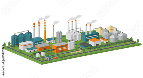 Isometric industrial complex scene with factories and warehouses in urban landscape