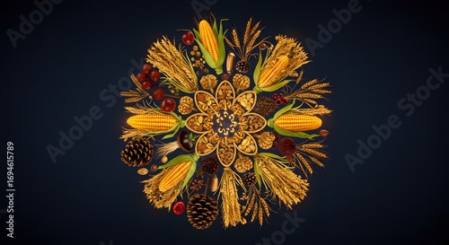 A symmetrical mandala made from natural foods. The composition showcases an array of golden grains and vibrant produce in a photorealistic shot from top view.