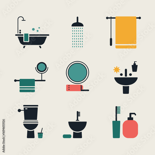 A collection of nine flat design icons representing various bathroom objects and personal hygiene products.