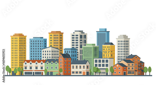 Vibrant urban skyline with colorful buildings and trees in flat style