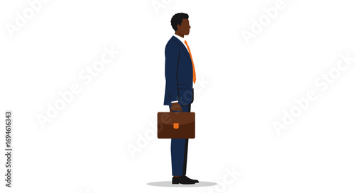 Business professional in suit standing with briefcase on white background