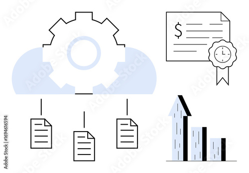 Gear connected to cloud with linked documents, certificate with monetary value and time, and growth chart. Ideal for technology, data organization, efficiency, business growth, innovation, cloud