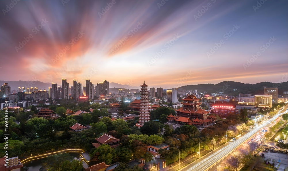Naklejka premium Modern Chinese city skyline with traditional pagoda at sunset and dramatic light trails over mountains