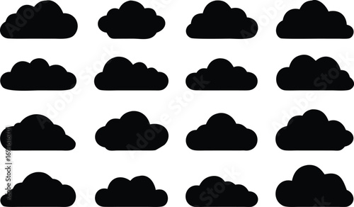 Twelve Black Cloud Shapes in a Grid Pattern Against a White Background for Design