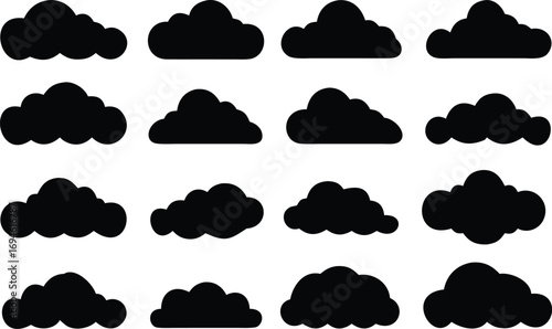 Twelve Black Silhouette Clouds Different Shapes and Sizes in a Pattern on White Background