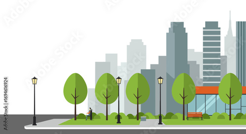 Urban city park with skyscrapers and green spaces in flat design