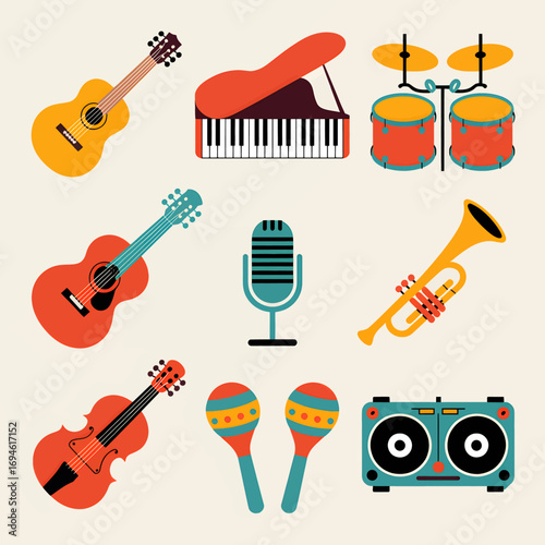 A colorful flat design collection of various musical instruments, including guitar, piano, drums, trumpet, violin, and microphone.