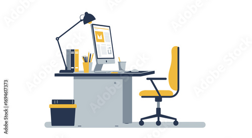 Modern workspace setup with computer and office furniture in flat design