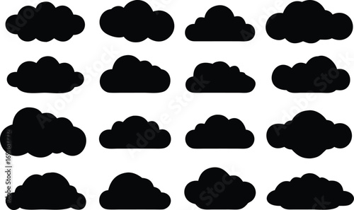 Twelve Varied Black Cloud Silhouettes Isolated on White Background Representing Weather and Elements