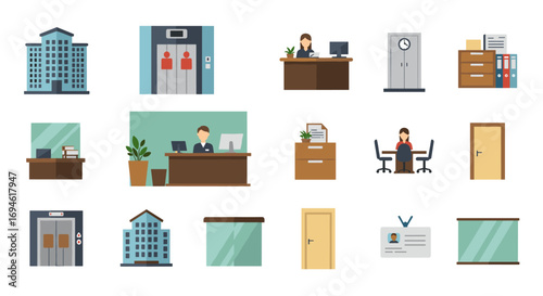 Office building and workspace elements set with elevators, desks, and office interiors