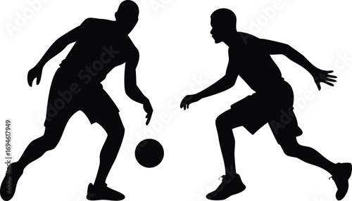 Two Basketball Players in Silhouette Dribbling the Ball, Playing Basketball on White Background