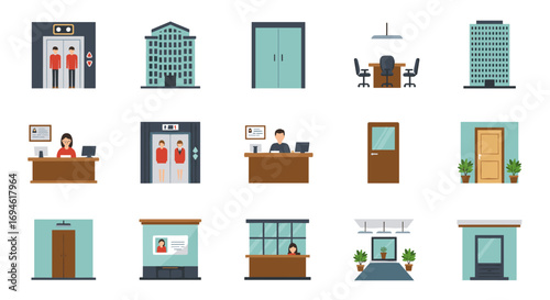 Office building and interiors with elevators, reception desks, and meeting rooms