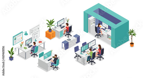Modern office workspace with diverse employees in isometric design