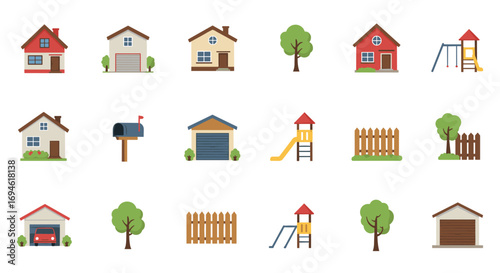 Charming flat style suburban elements collection with houses, playgrounds, and fences