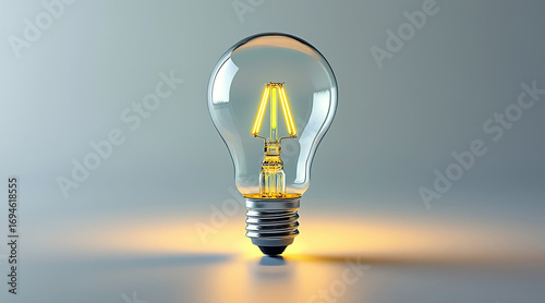 Glowing smart LED bulb with clear glass and warm light on smooth surface, modern energy efficient lighting concept with soft reflection