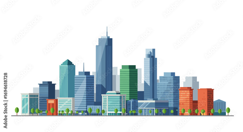 Fototapeta premium Modern urban skyline with skyscrapers and trees in a flat design
