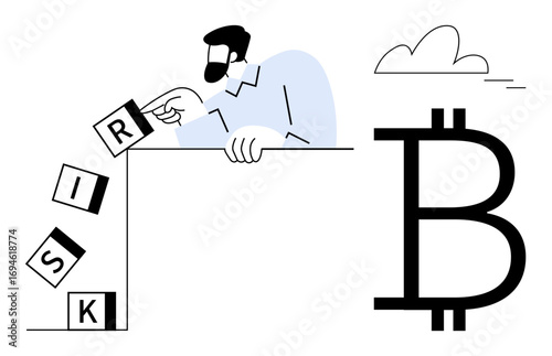 Man places letter blocks spelling RISK near a large Bitcoin symbol, suggesting financial risk, cryptocurrency investment, decision-making, and blockchain concepts. Ideal for finance, investment, risk