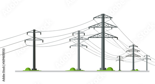 Transmission line design with electrical power poles on a white background