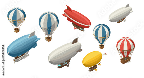 Colorful isometric airships and hot air balloons in various designs
