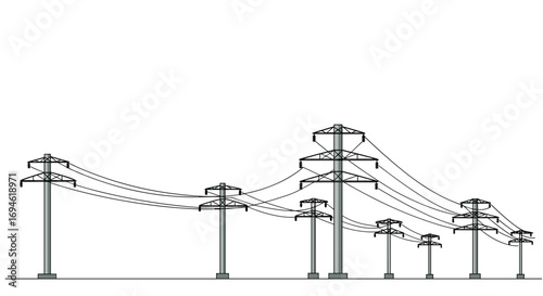 Minimalist power lines on white background highlighting electrical grid design