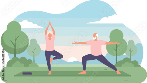 Elderly Couple Practicing Yoga, Balance and Wellness