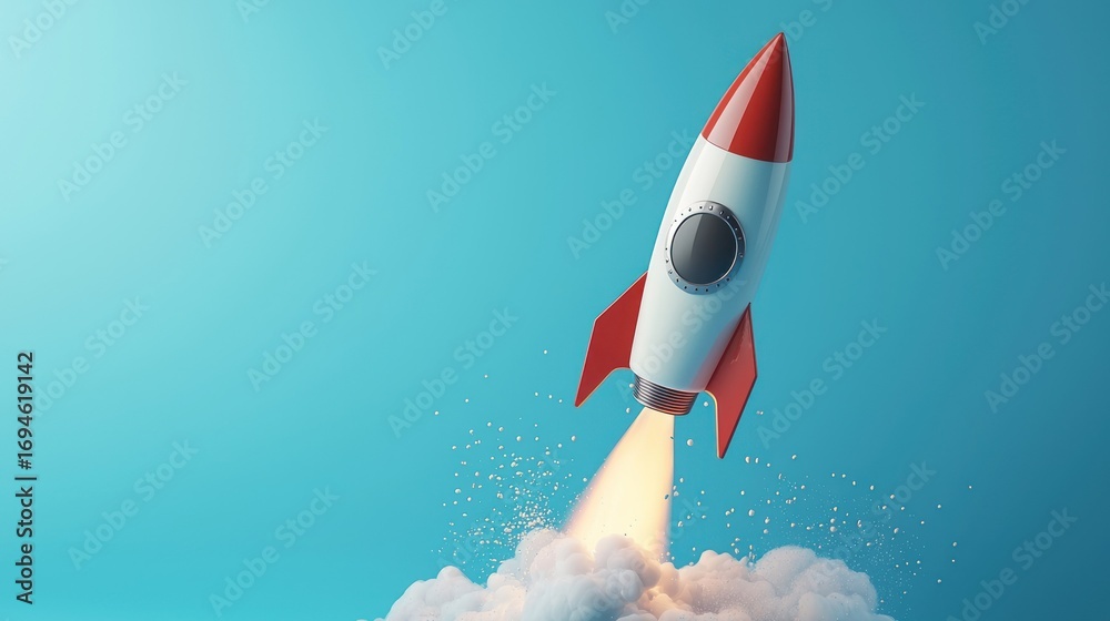 Fototapeta premium A red and white rocket flying through a blue sky with a white cloud in the foreground.
