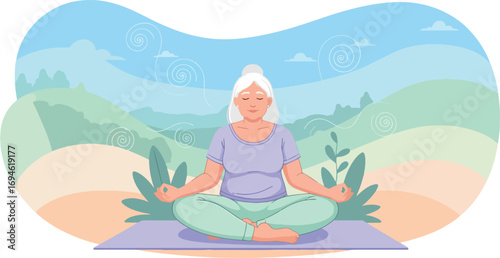 Elderly Woman Meditating, Mindfulness and Relaxation