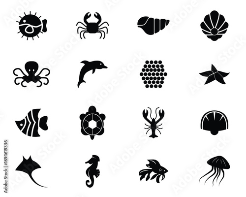 Set of sea life icons.  showcasing marine life and ocean themes.