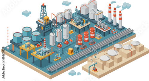 Isometric industrial complex with oil tanks and factories