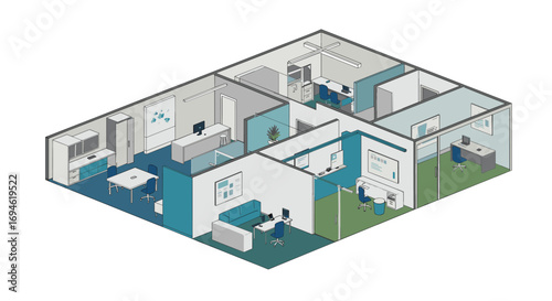 Modern isometric office layout with open workspace and private rooms