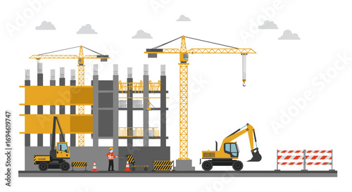 Construction site with cranes and machinery in progress against cloudy sky