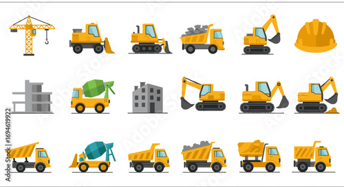 Construction equipment icons set featuring tractors, cranes, and dump trucks in flat style
